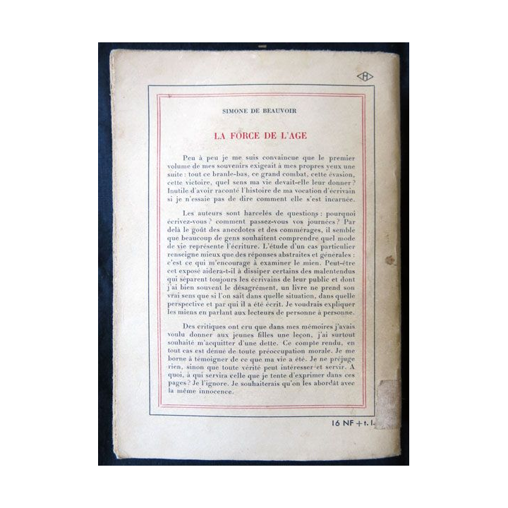 La force de l'âge écrit par Simone de Beauvoir aux éditions Gallimard - F010