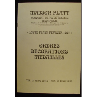 CATALOGUE MAISON PLATT ORDRES ET DÉCOS MÉDAILLES FÉVRIER 1997