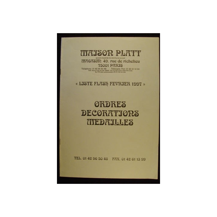 CATALOGUE MAISON PLATT ORDRES ET DÉCOS MÉDAILLES FÉVRIER 1997