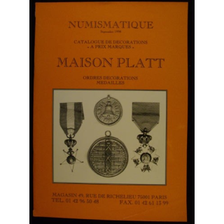 CATALOGUE MAISON PLATT ORDRES DÉCOS MÉDAILLES SEPTEMBRE 1998