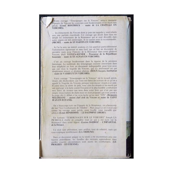 Témoignages sur le Vercors Drôme-Isère écrit par J. La Picirella édité par Imprimerie Rivet Lyon - F016