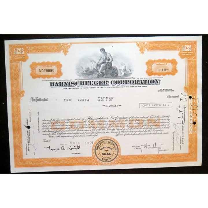 16 août1971 Action de Harnischeeger Corporation 18 shares n° 029880