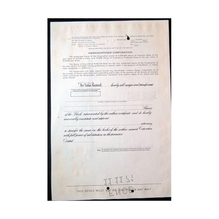 16 août1971 Action de Harnischeeger Corporation 18 shares n° 029880