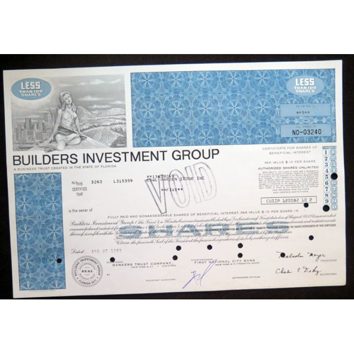 Action de Builders Investment Group de 5 shares du7 avril 1972 n° 03240