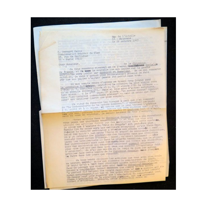 Trois lettres de Roger Masters adressées au Commissaire général du Plan