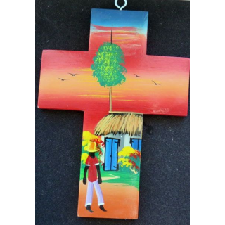 Crucifix haïtien en bois peint 17,5 x 12,5 cm
