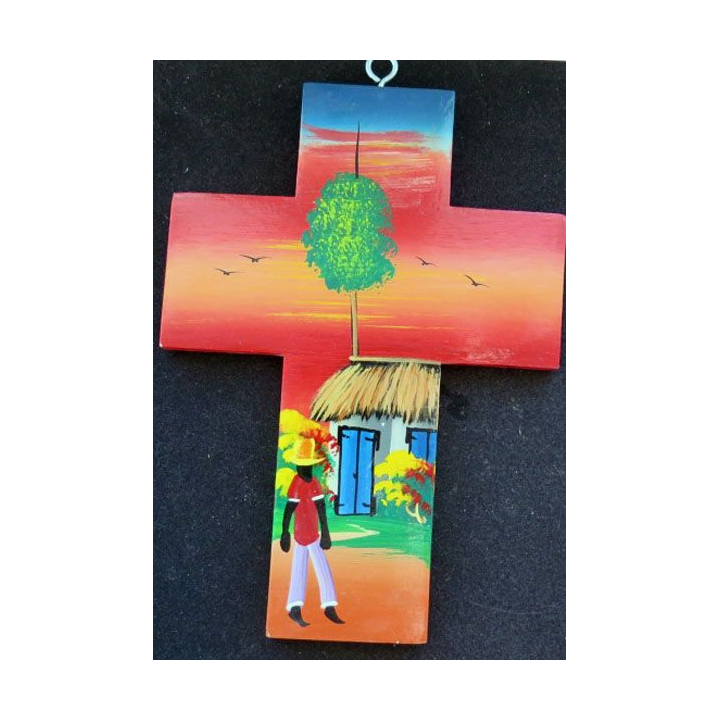 Crucifix haïtien en bois peint 17,5 x 12,5 cm