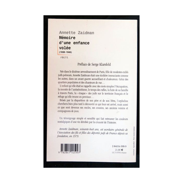 Mémoire d'une enfance volée (1938-1948) écrit par Annette Zaidman aux éditions Ramsay - F019