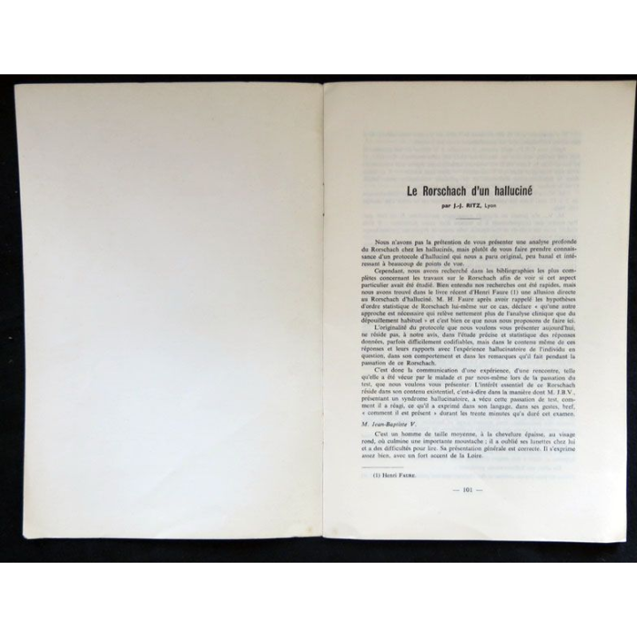Le Rorschach d'un halluciné écrit par J.J. Ritz. Bulletin de la Société française du Rorschach - F019