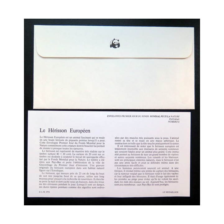 enveloppe 1° jour Fonds mondial nature n° 6 le hérisson européen