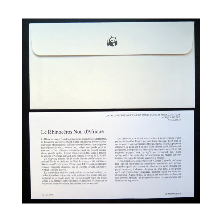 enveloppe 1° jour Fonds mondial nature n° 10 le rhinocéros noir d'Afrique