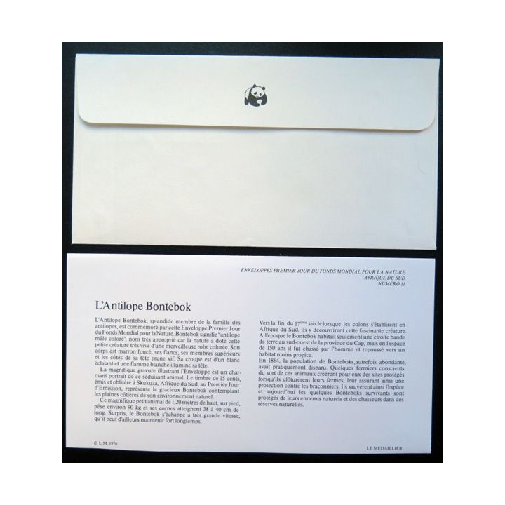 enveloppe 1° jour Fonds mondial nature n° 11 l'antilope bontebok