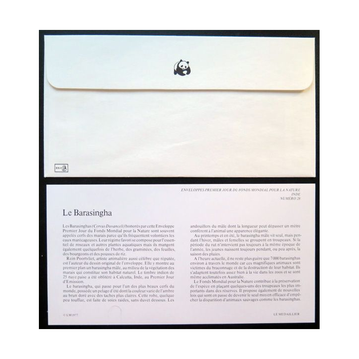 enveloppe 1° jour Fonds mondial nature n° 28 le barasingha