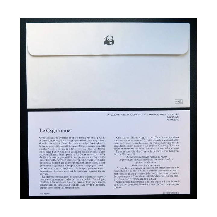 enveloppe 1° jour Fonds mondial nature n° 40 le cygne muet