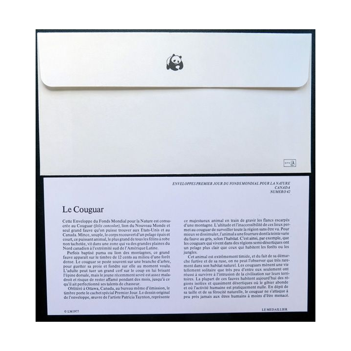 enveloppe 1° jour Fonds mondial nature n° 42 le couguar