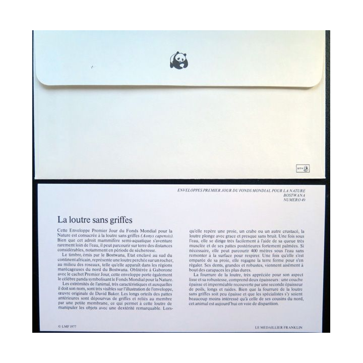 enveloppe 1° jour Fonds mondial nature n° 49 la loutre sans griffes