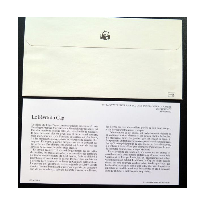 enveloppe 1° jour Fonds mondial nature n° 61 le lièvre du Cap