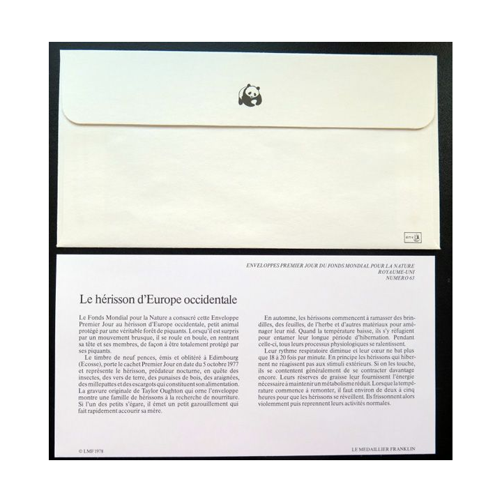 enveloppe 1° jour n° 63 le hérisson d'Europe occidentale