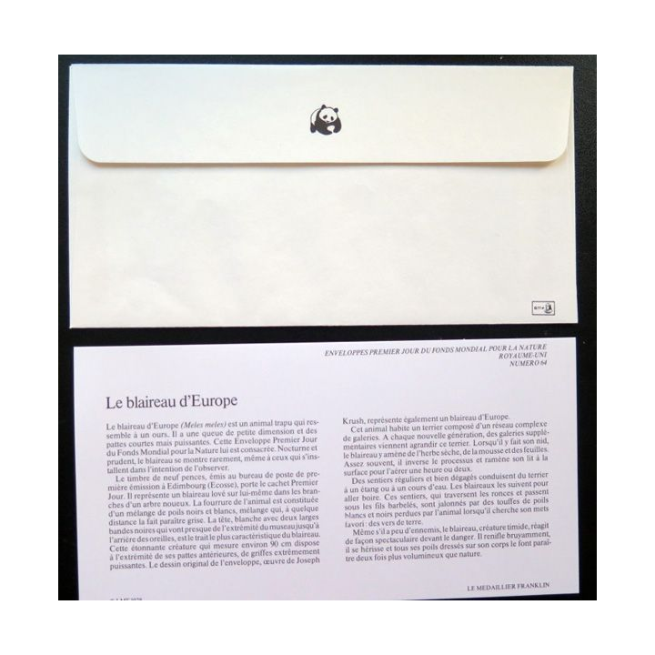 enveloppe 1° jour Fonds mondial nature n° 64 le blaireau d'Europe
