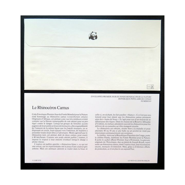 enveloppe 1° jour Fonds mondial nature n° 83 le rhinocéros Camus