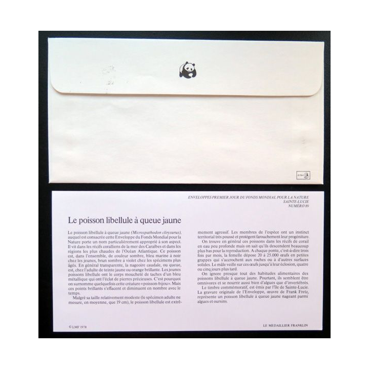 enveloppe 1° jour Fonds mondial nature  n° 89 le poisson libellule à queue jaune