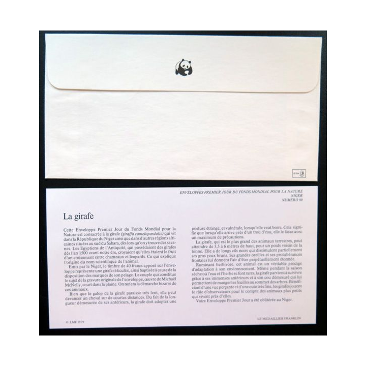 enveloppe 1° jour Fonds mondial nature n° 99 la girafe