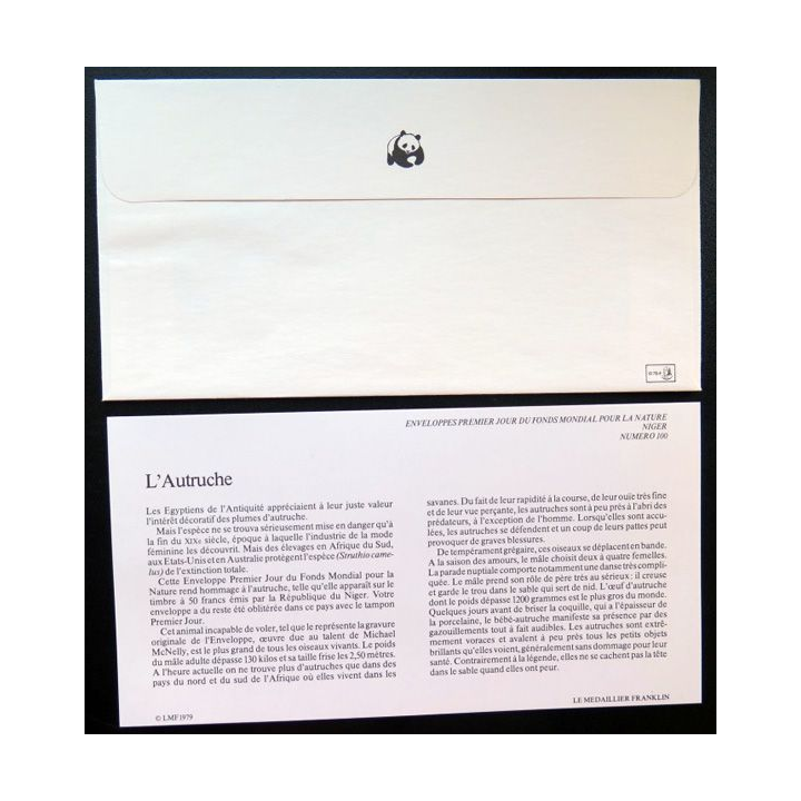 enveloppe 1° jour Fonds mondial nature n° 100 l'autruche