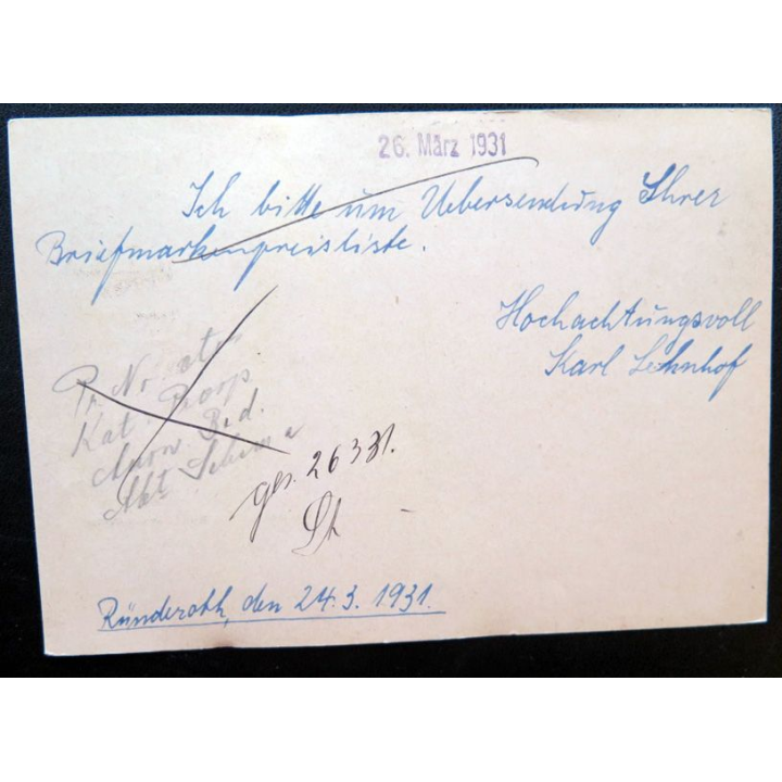 postkarte 24/03/1931 avec timbre embouti Deutsches Reich 8 pfennig