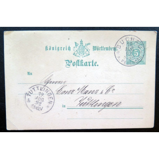 postkarte 19/08/1892 avec timbre embouti Württemberg 5 pfennig vert