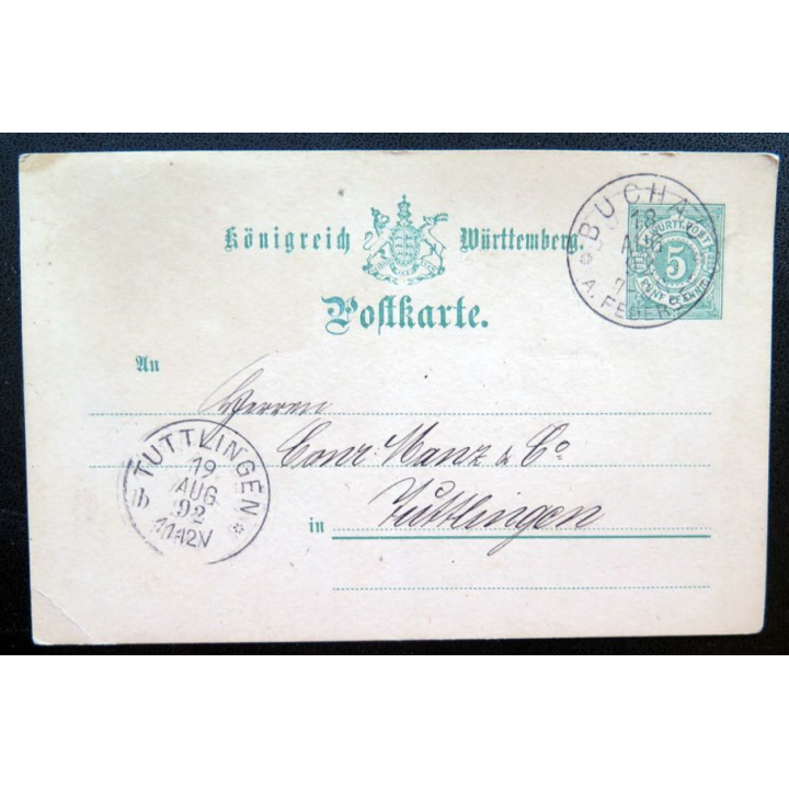 postkarte 19/08/1892 avec timbre embouti Württemberg 5 pfennig vert