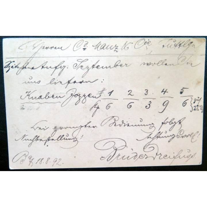 postkarte 19/08/1892 avec timbre embouti Württemberg 5 pfennig vert