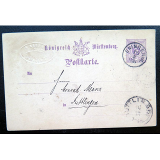 postkarte 10/03/XII timbre embouti Württemberg post 5 pfennig violet