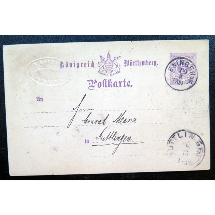 postkarte 10/03/XII timbre embouti Württemberg post 5 pfennig violet