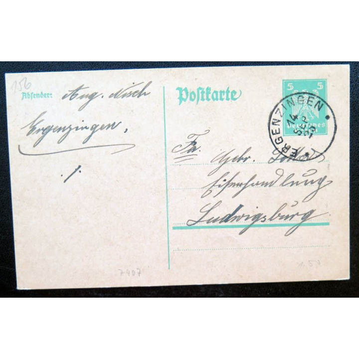 postkarte 14/09/1925 avec timbre embouti deutches Reich 5 pfennig vert