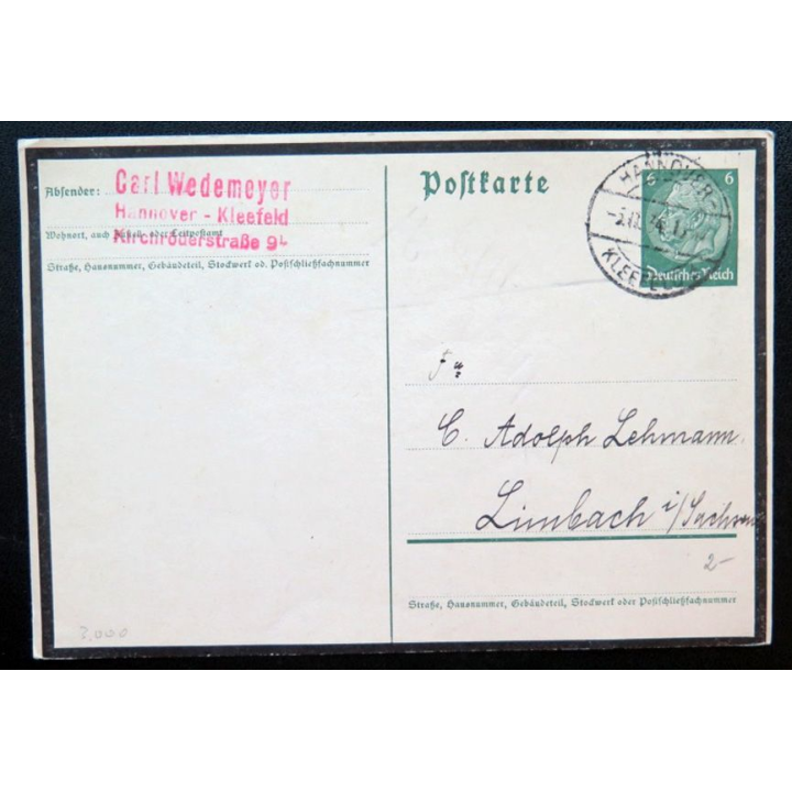 postkarte 05/11/1934 avec timbre embouti deutches Reich 6 pfennig vert