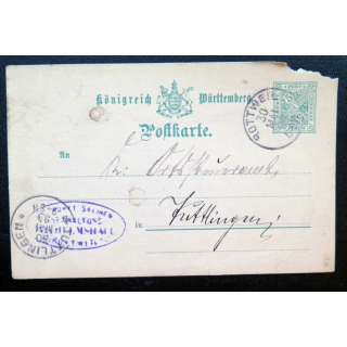 postkarte 30/05/1894 avec timbre embouti Württemberg 5 pfennig vert