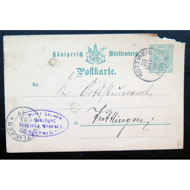 postkarte 30/05/1894 avec timbre embouti Württemberg 5 pfennig vert