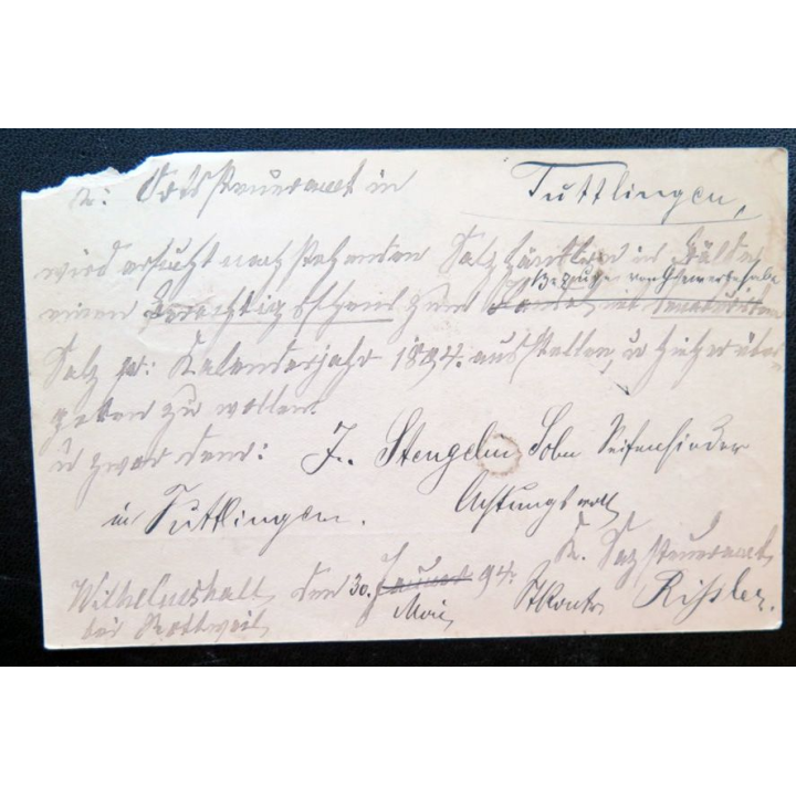 postkarte 30/05/1894 avec timbre embouti Württemberg 5 pfennig vert
