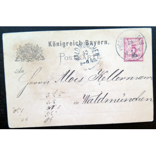 postkarte 29/03/1885 avec timbre embouti Bayern post 5 pfennig rouge