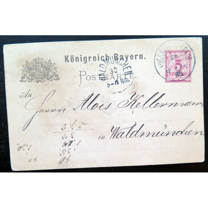 postkarte 29/03/1885 avec timbre embouti Bayern post 5 pfennig rouge