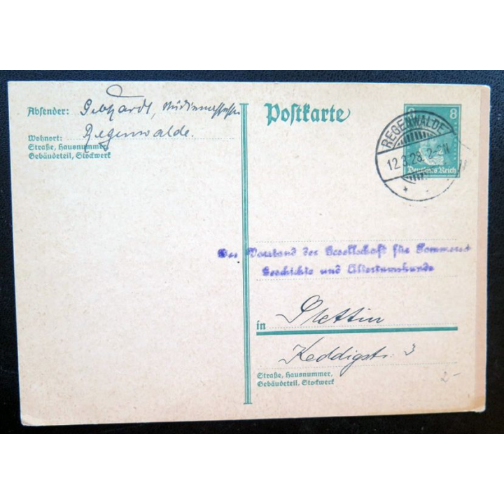 postkarte 12/03/1928 avec timbre embouti deutches Reich 8 pfennig vert