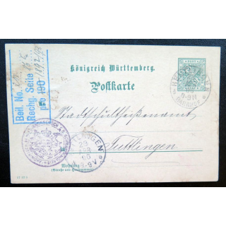 postkarte 29/04/1906 avec timbre embouti Württemberg 5 pfennig vert