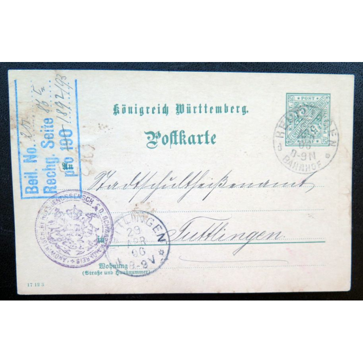 postkarte 29/04/1906 avec timbre embouti Württemberg 5 pfennig vert