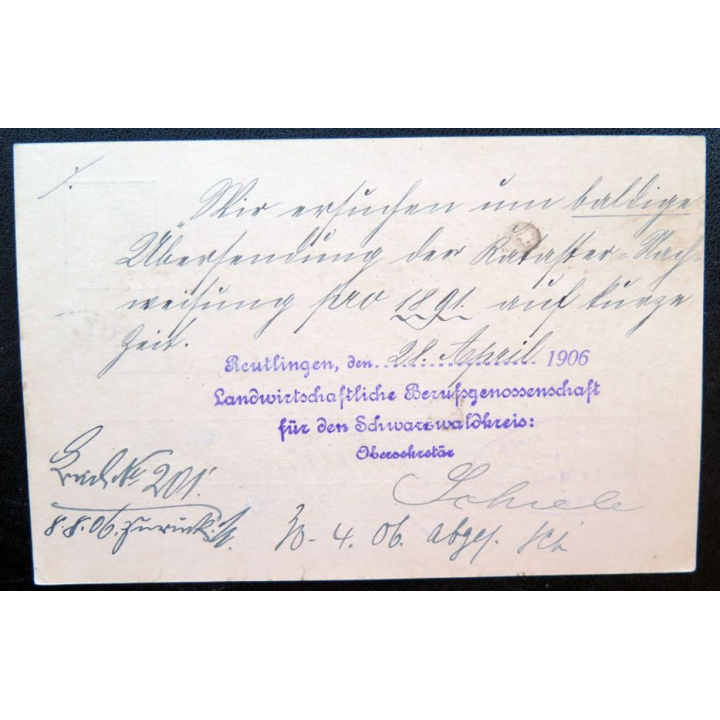 postkarte 29/04/1906 avec timbre embouti Württemberg 5 pfennig vert