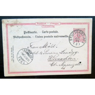 postkarte 17/01/1901 avec timbre embouti Württemberg 10 pfennig rouge