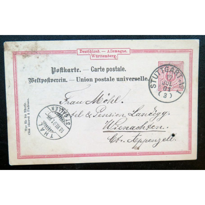 postkarte 17/01/1901 avec timbre embouti Württemberg 10 pfennig rouge