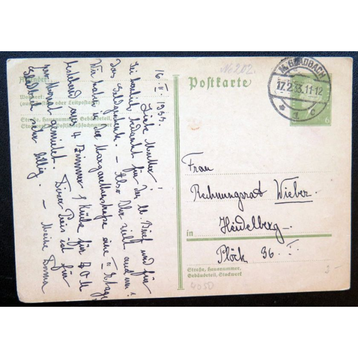 postkarte 17/02/1933 avec timbre embouti 6 pfennig vert