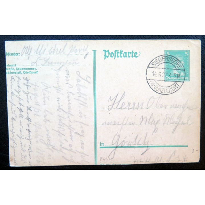 postkarte 14/06/1927 timbre embouti Deutsches Reich 5 pfennig vert