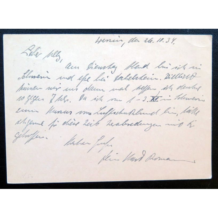 postkarte 02/10/1934 avec timbre embouti 6 pfennig vert