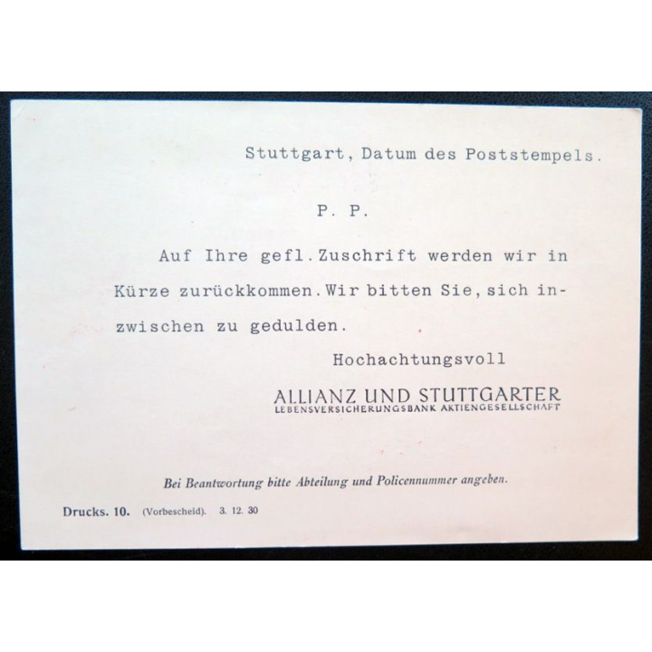 postkarte de Allianz u. Stuttgarter 1930 timbre embouti 3 pfennig rouge